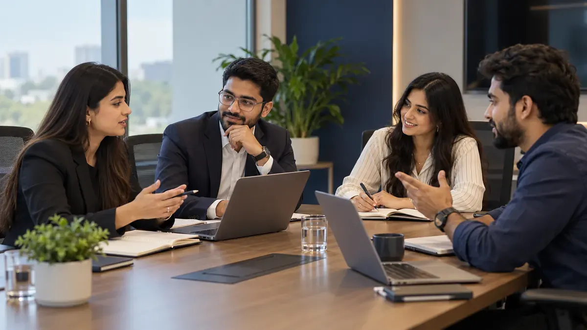 A remote team meeting around a conference table with laptops