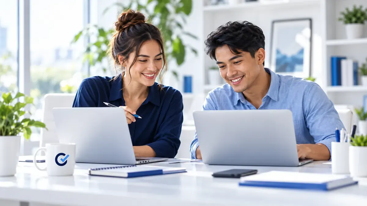 Two remote team members working side by side on laptops in a bright office