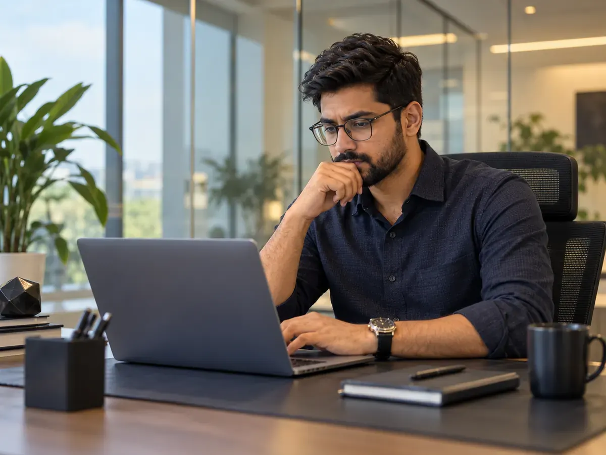 A GoHighLevel virtual assistant reviewing work on a laptop in an office
