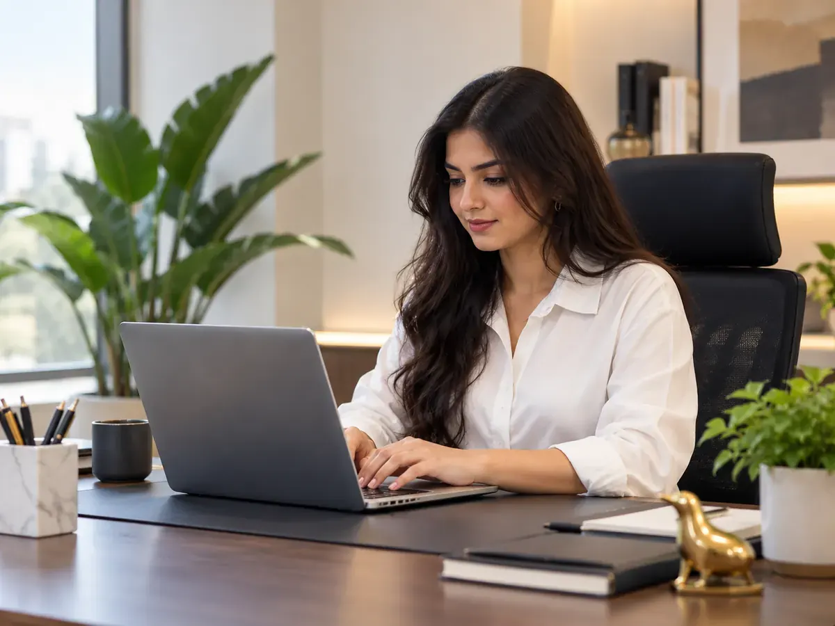 A virtual marketing assistant working on a laptop at a tidy office desk